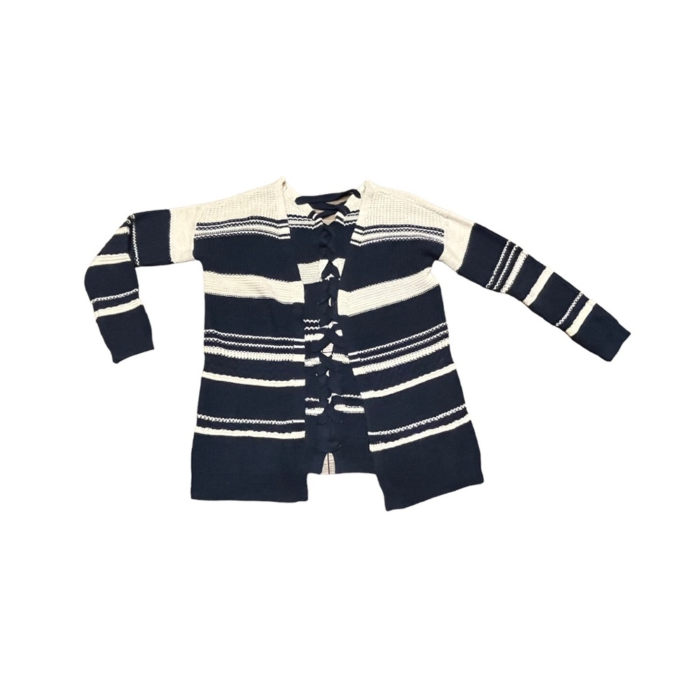 Pink Rose blue white striped open shrug knit cardigan lace up detail dow…